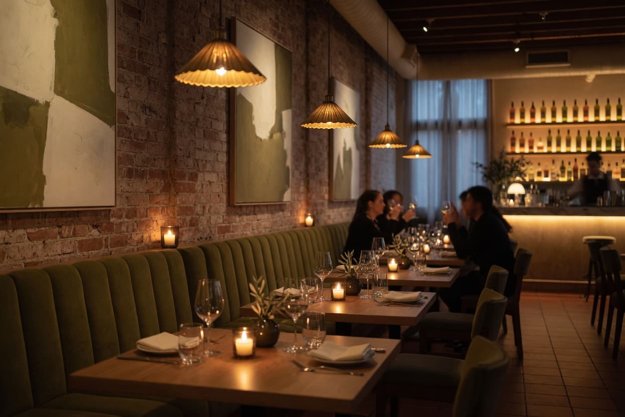 The warm, candle-lit Mediterranean dining room at Olivetta