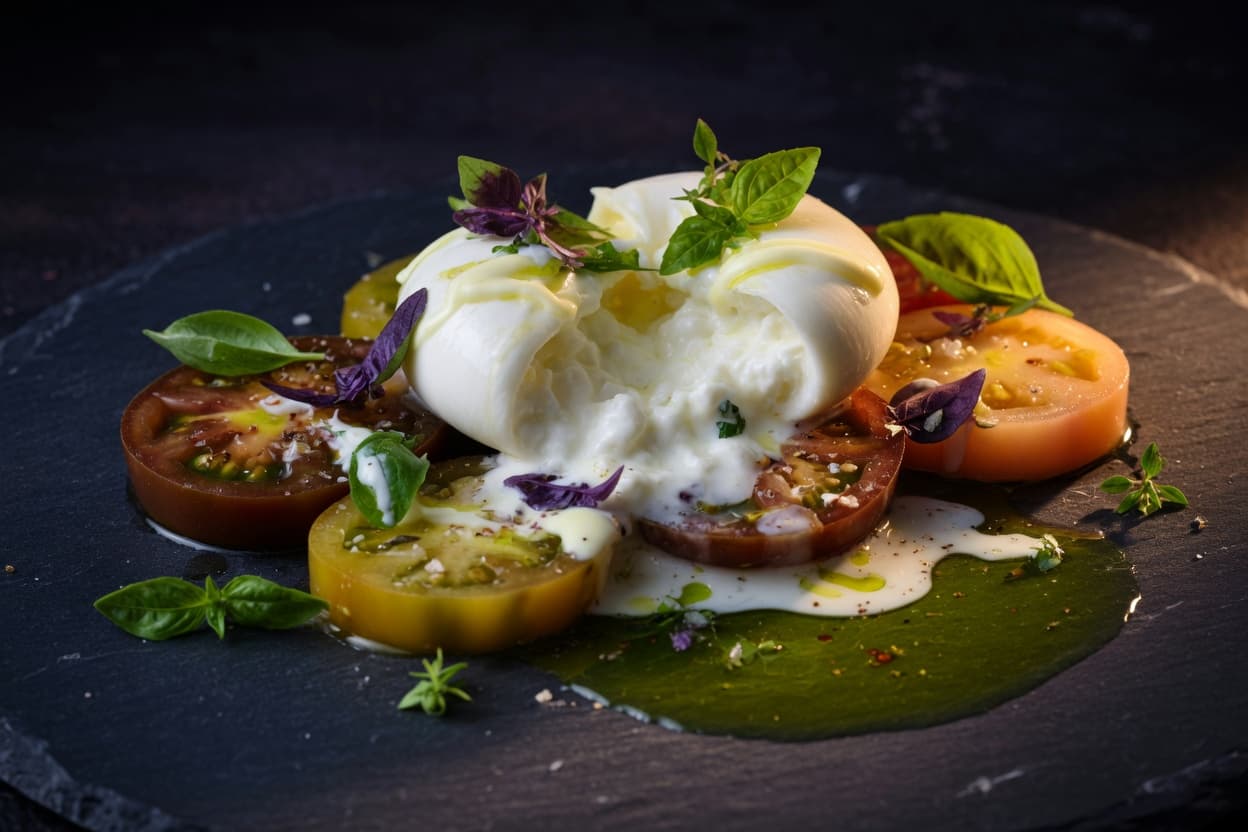 Burrata and heirloom tomato on the terrace