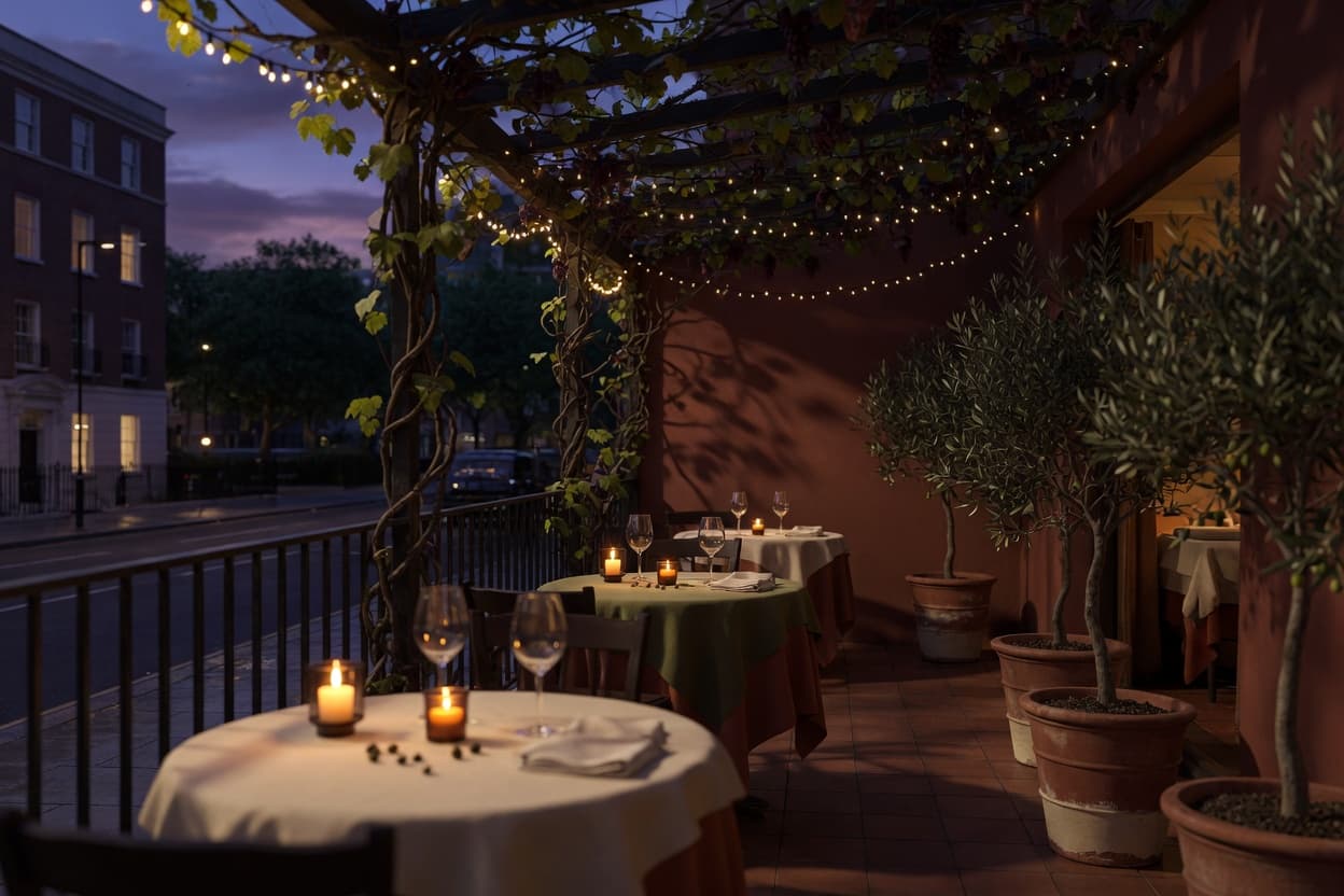The candle-lit Olivetta terrace under string lights